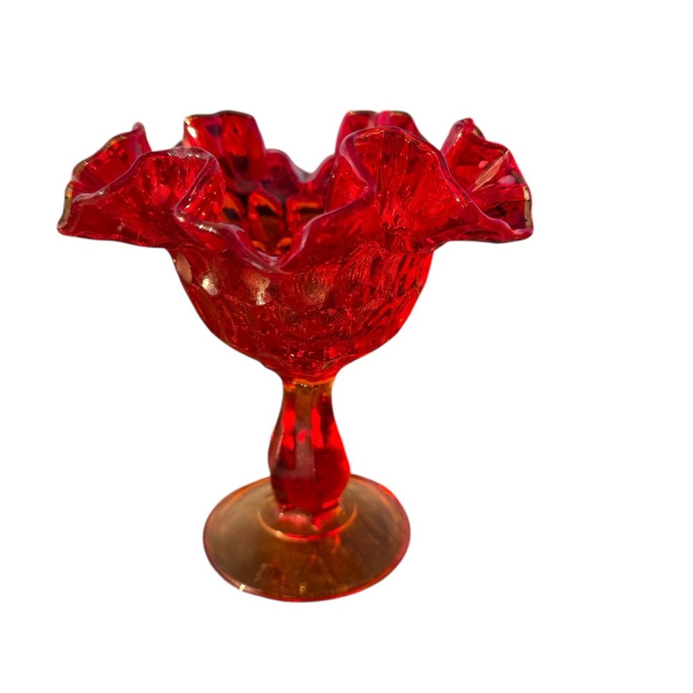 VINTAGE RED CARNIVAL GLASS COMPOTE WITH RUFFLED EDGE - Picture 2 of 12